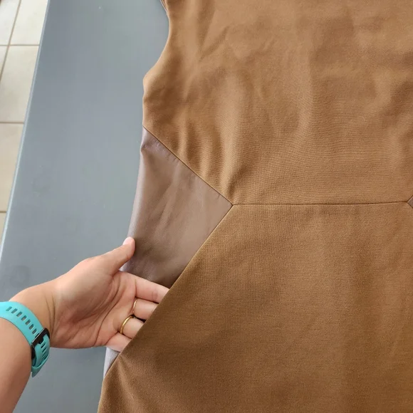 Lafayette 148 New York Sz 6 Dress Brown Genuine Leather Trim Pockets Sleeveless - Picture 3 of 12